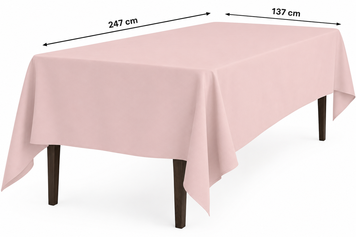Lichtroze tafelkleed over een rechthoekige tafel, met aangegeven afmetingen van 247 bij 137 cm.