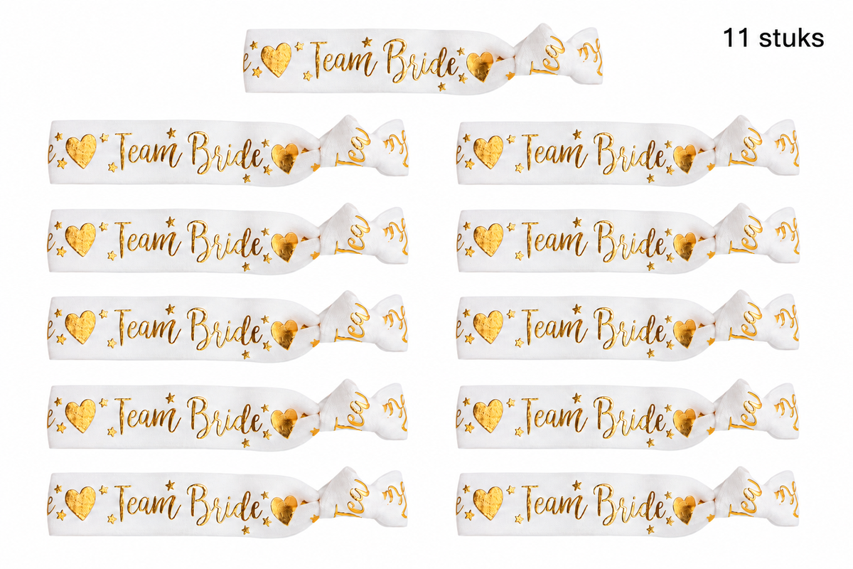goud-11-stuks.png	Elf witte geknoopte armbandjes met gouden ‘Team Bride’ tekst, hartjes en sterretjes.