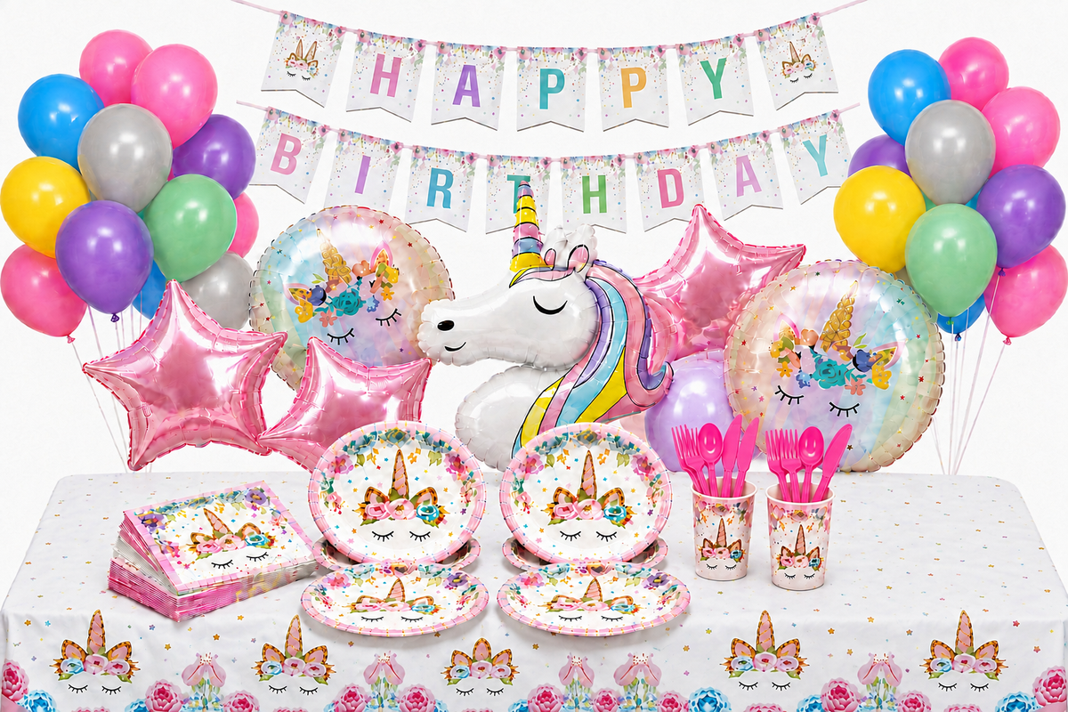Unicorn Eenhoorn verjaardagstafel met kleurrijke ballonnen, eenhoornballon en eenhoornservies