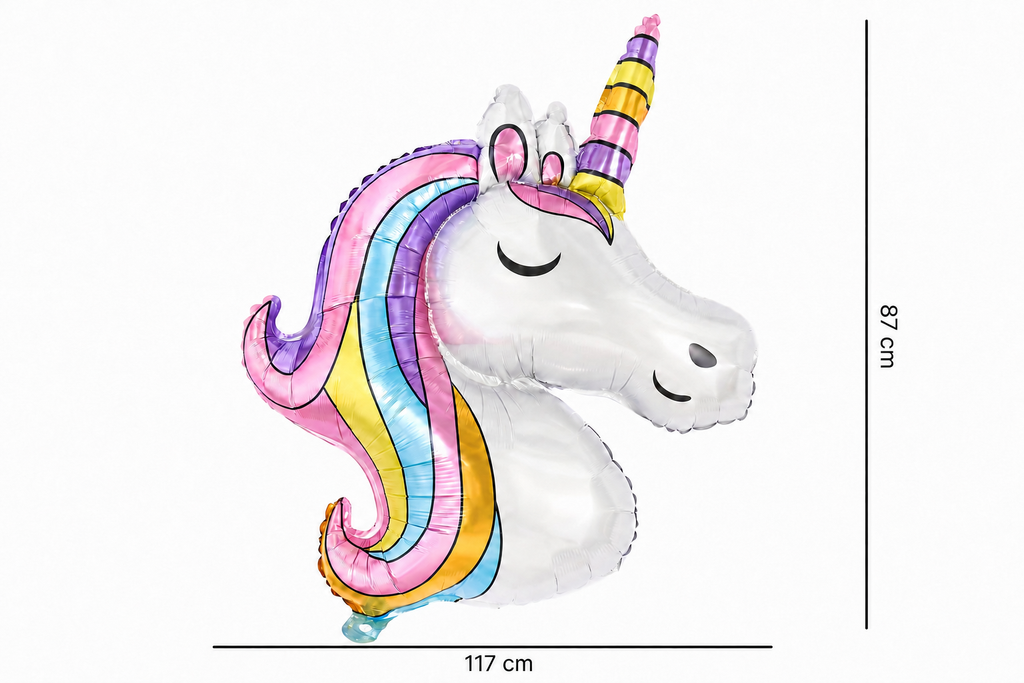 unicorn Folieballon in de vorm van een wit eenhoornhoofd met regenboogmanen