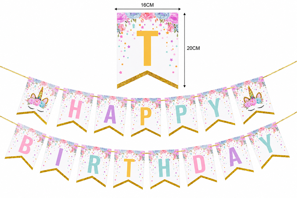 unicorn Happy Birthday vlaggenlijn met eenhoorns en gouden letters