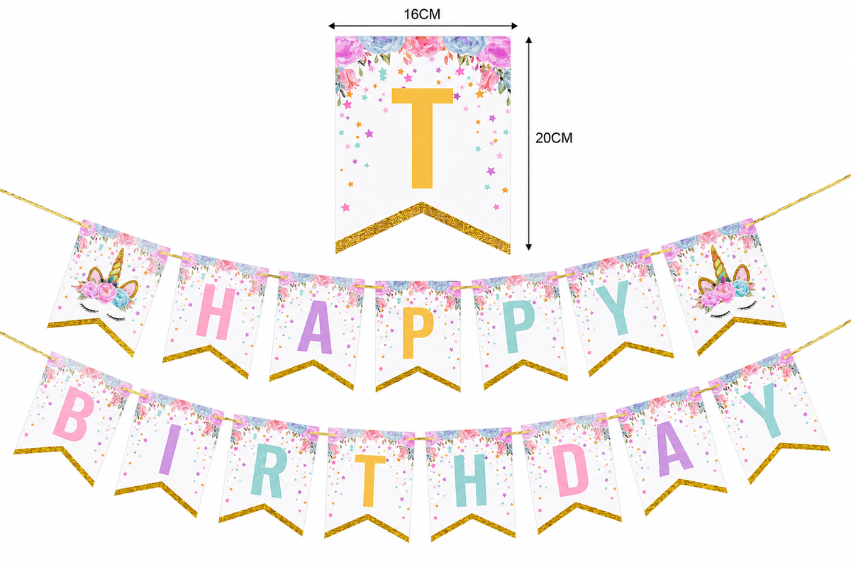 unicorn Happy Birthday vlaggenlijn met eenhoorns en gouden letters
