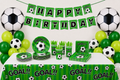 Voetbal verjaardagstafel met voetbalballonnen, groene ballonnen en Goal servies