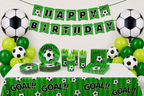 Voetbal verjaardagstafel met voetbalballonnen, groene ballonnen en Goal servies
