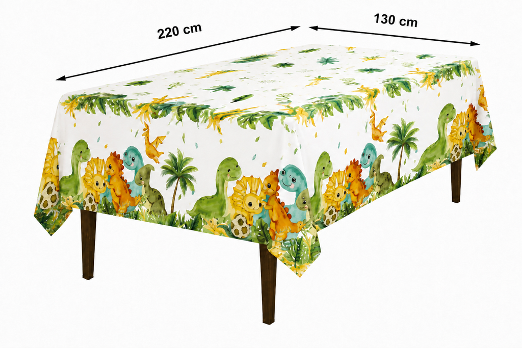 Wit dinosaurustafelkleed met dinosaurussen en bladeren op een tafel