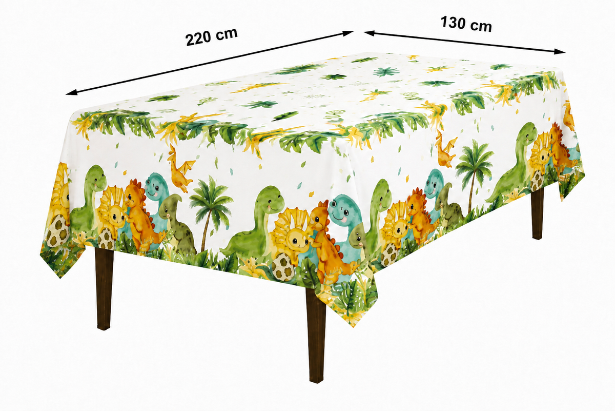 Wit dinosaurustafelkleed met dinosaurussen en bladeren op een tafel