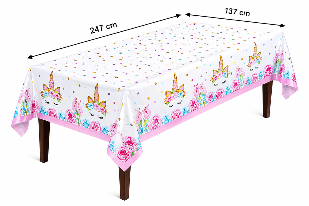 Wit eenhoorntafelkleed met bloemen en roze rand op een tafel unicorn 