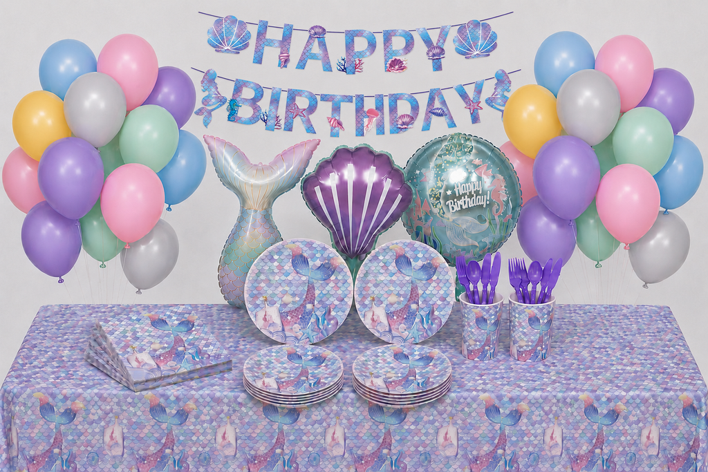 Zeemeermin verjaardagstafel met kleurrijke ballonnen, schelpballon en zeemeerminservies