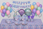 Zeemeermin verjaardagstafel met kleurrijke ballonnen, schelpballon en zeemeerminservies