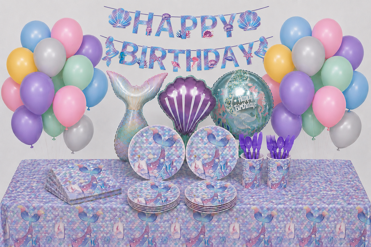 Zeemeermin verjaardagstafel met kleurrijke ballonnen, schelpballon en zeemeerminservies