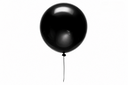 Zwarte ballon met een zwart touwtje tegen een witte achtergrond.
