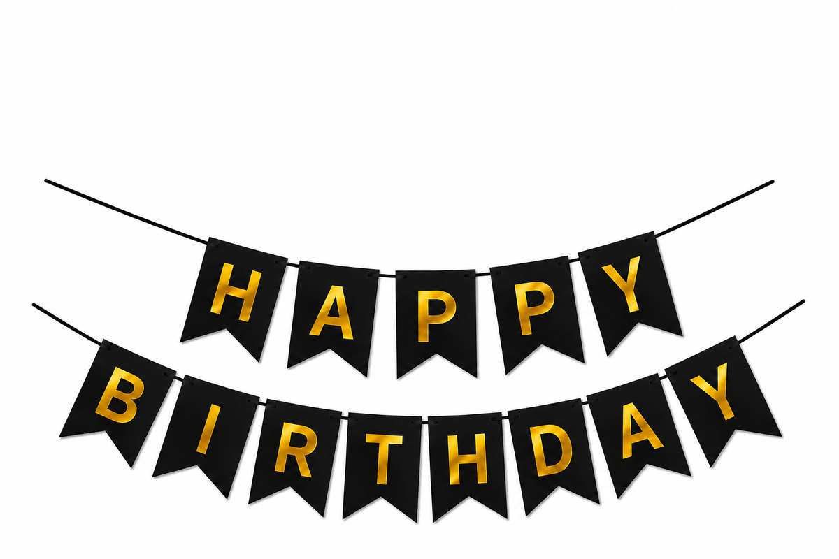 Zwarte Happy Birthday vlaggenlijn met gouden letters
