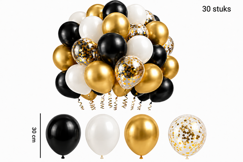 Zwarte, witte en gouden ballonnen met gouden confettiballonnen